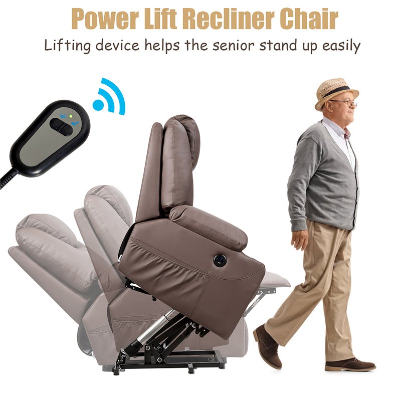Pemberly Row Faux Leather Electric Recliner Chair with USB Charge Port in Brown