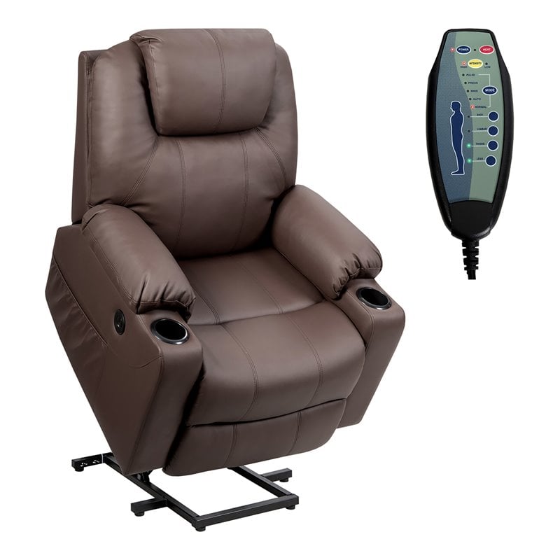 Pemberly Row Faux Leather Electric Recliner Chair with USB Charge Port in Brown