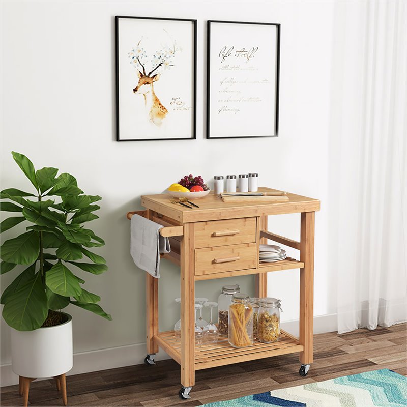 Pemberly Row Bamboo Kitchen Trolley Cart with Tower Rack & Drawers in Natural