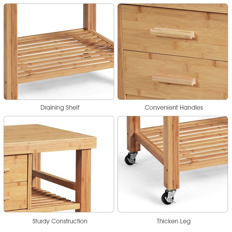 Pemberly Row Bamboo Kitchen Trolley Cart with Tower Rack & Drawers in Natural