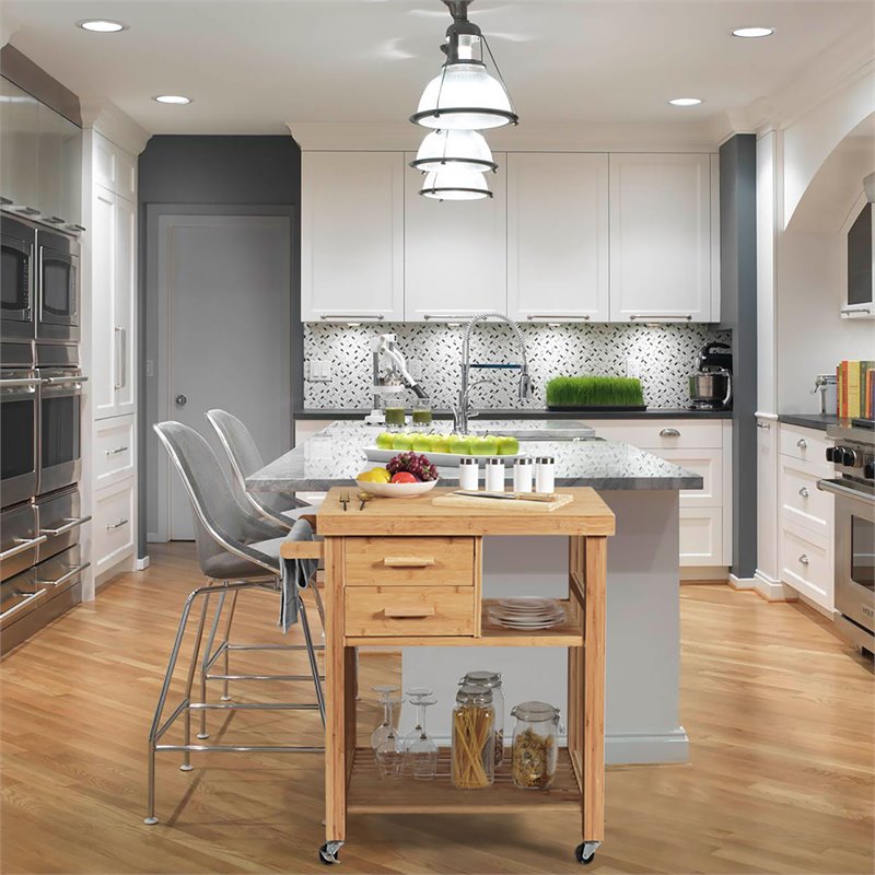 Pemberly Row Bamboo Kitchen Trolley Cart with Tower Rack & Drawers in Natural