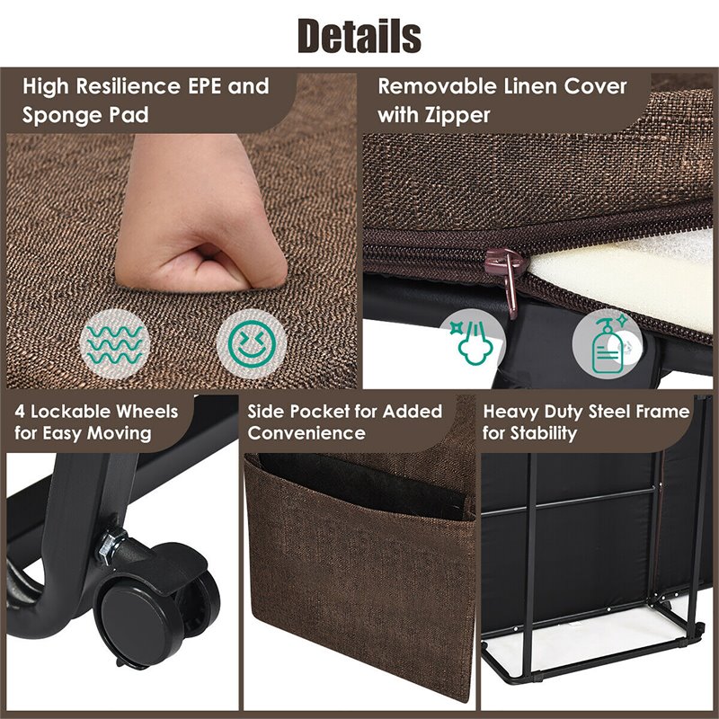 Pemberly Row Steel & Sponge Folding Sleeper Bed w/ 6 Position Adjustment - Brown