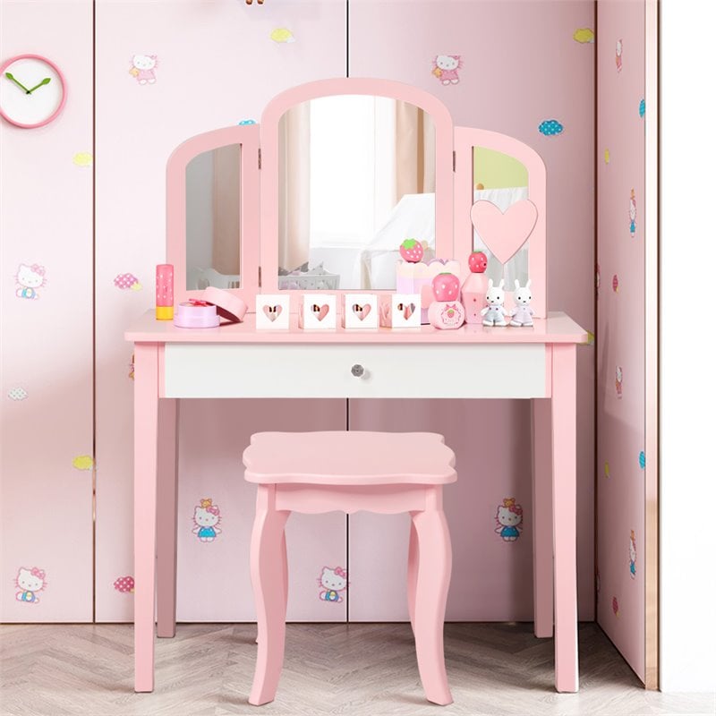 Pemberly Row Contemporary MDF & Pine Wood Kids Vanity Set with Mirror in Pink