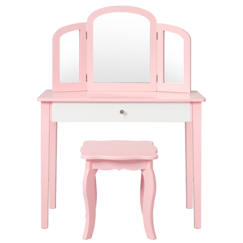 Pemberly Row Contemporary MDF & Pine Wood Kids Vanity Set with Mirror in Pink