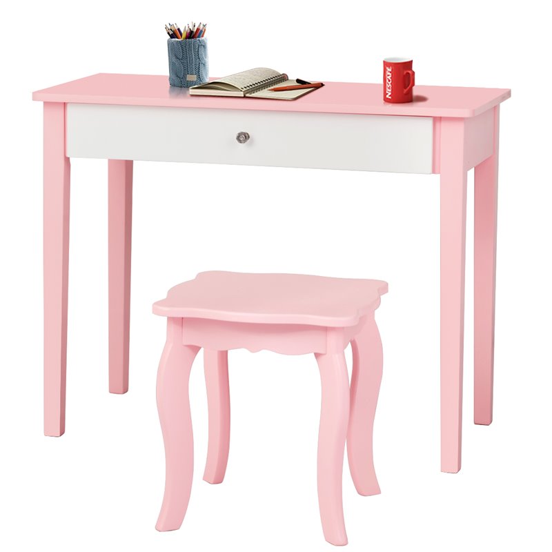 Pemberly Row Contemporary MDF & Pine Wood Kids Vanity Set with Mirror in Pink