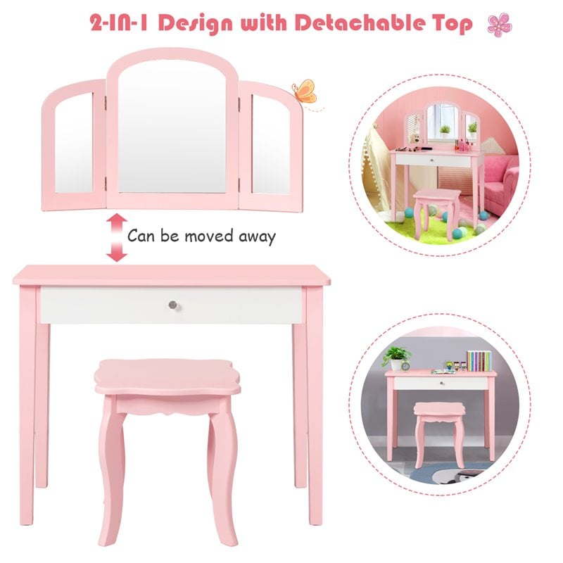 Pemberly Row Contemporary MDF & Pine Wood Kids Vanity Set with Mirror in Pink