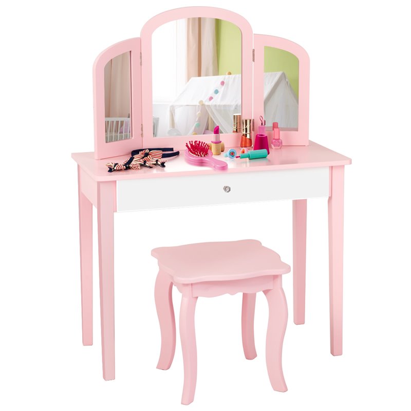 Pemberly Row Contemporary MDF & Pine Wood Kids Vanity Set with Mirror in Pink