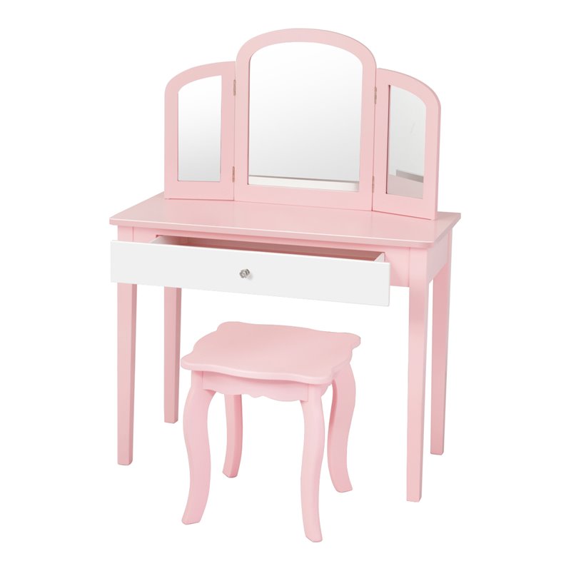 Pemberly Row Contemporary MDF & Pine Wood Kids Vanity Set with Mirror in Pink