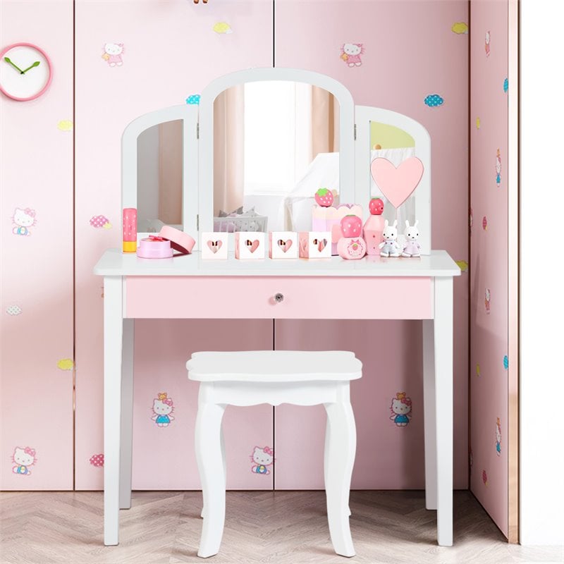 Pemberly Row Contemporary MDF & Pine Wood Kids Vanity Set with Mirror in White