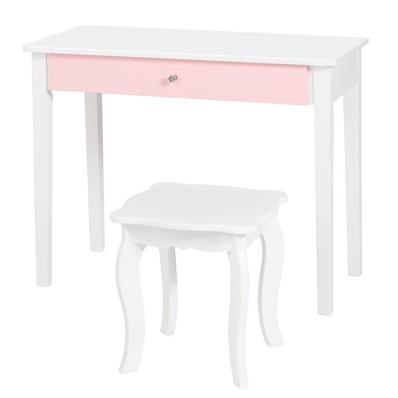 Pemberly Row Contemporary MDF & Pine Wood Kids Vanity Set with Mirror in White