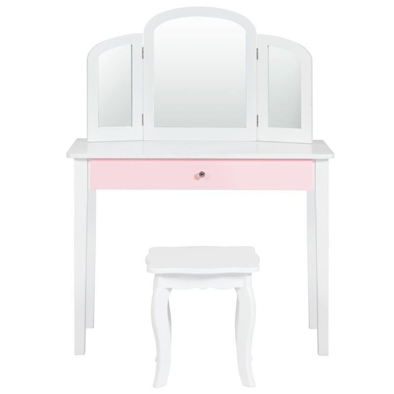 Pemberly Row Contemporary MDF & Pine Wood Kids Vanity Set with Mirror in White