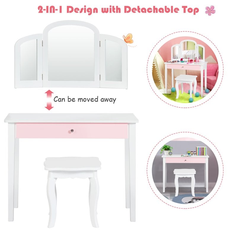 Pemberly Row Contemporary MDF & Pine Wood Kids Vanity Set with Mirror in White