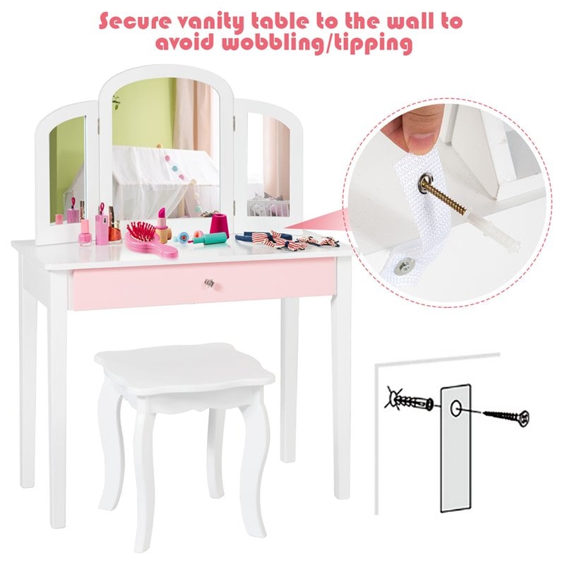 Pemberly Row Contemporary MDF & Pine Wood Kids Vanity Set with Mirror in White