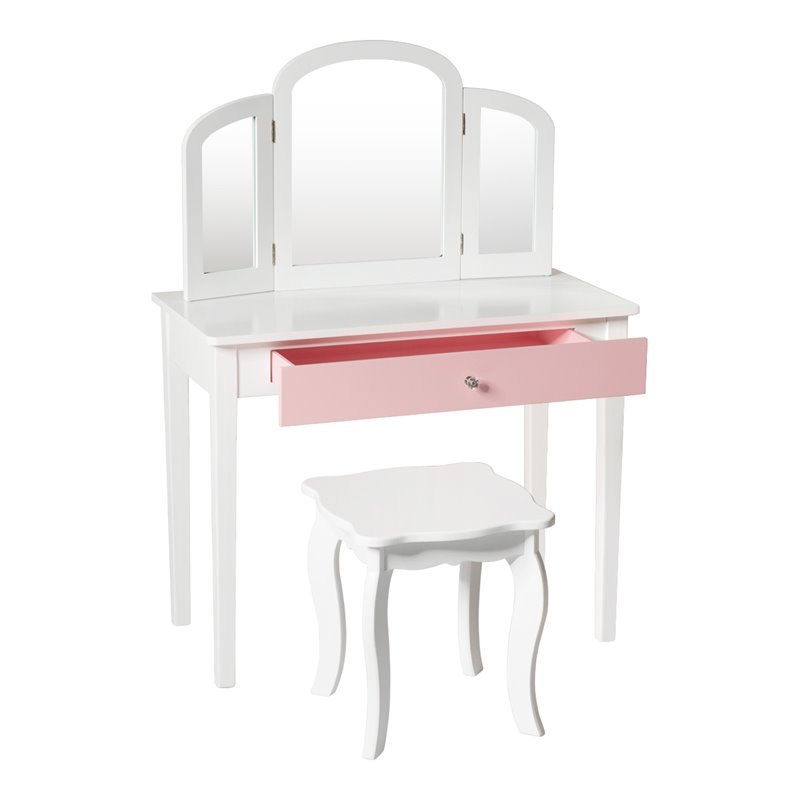 Pemberly Row Contemporary MDF & Pine Wood Kids Vanity Set with Mirror in White
