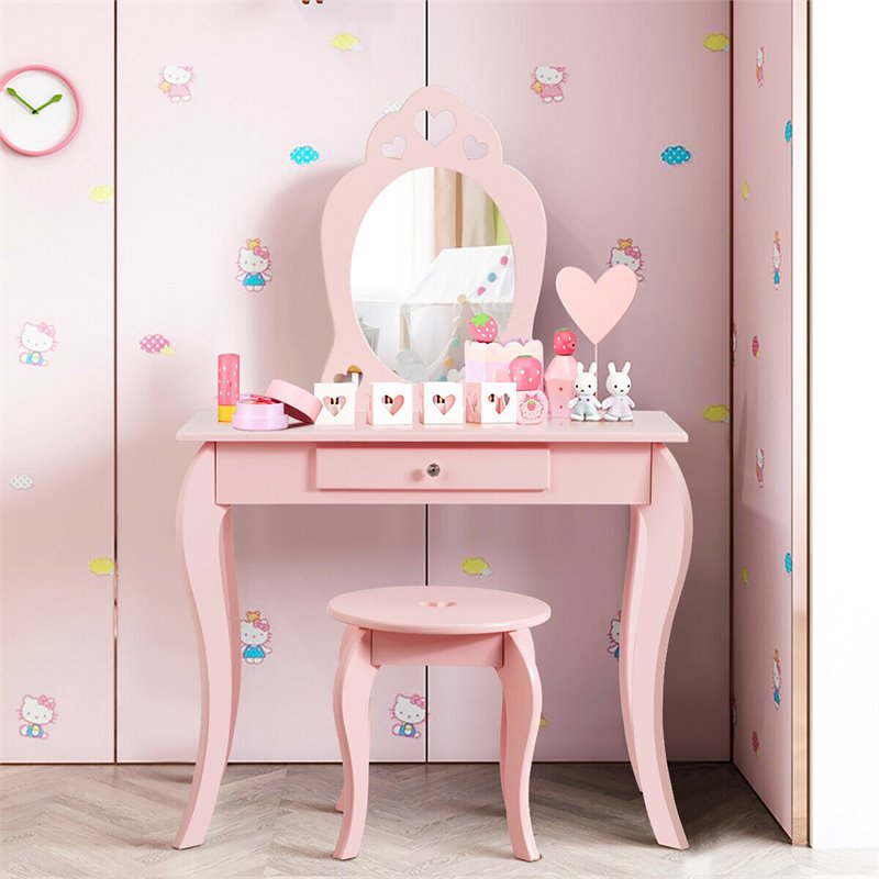 Pemberly Row MDF & Pine Wood Kids 2-in-1 Vanity Set with Mirror in Pink