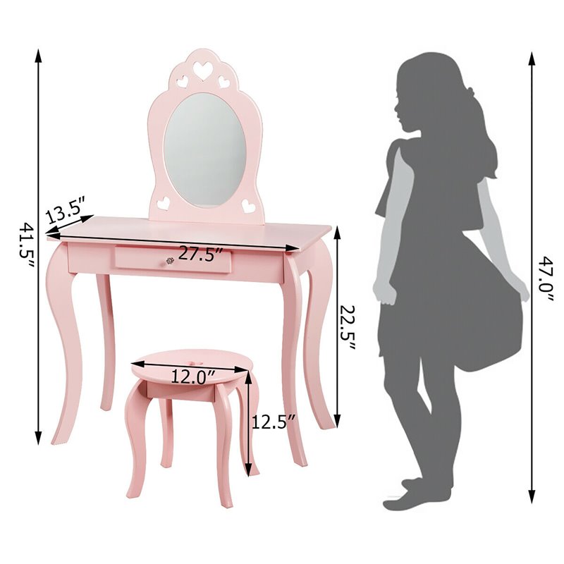 Pemberly Row MDF & Pine Wood Kids 2-in-1 Vanity Set with Mirror in Pink
