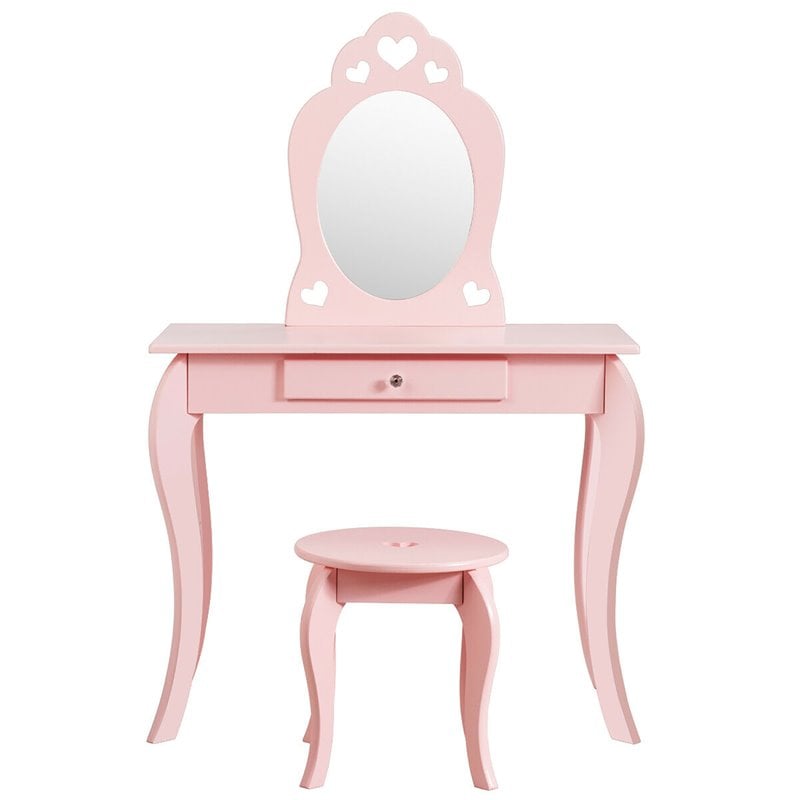 Pemberly Row MDF & Pine Wood Kids 2-in-1 Vanity Set with Mirror in Pink