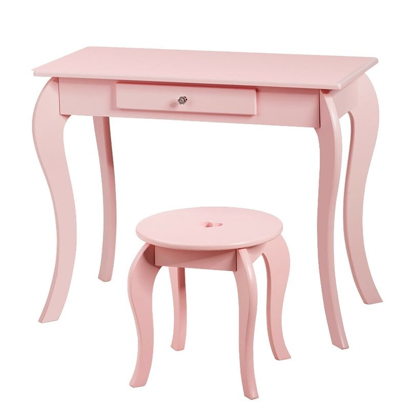 Pemberly Row MDF & Pine Wood Kids 2-in-1 Vanity Set with Mirror in Pink