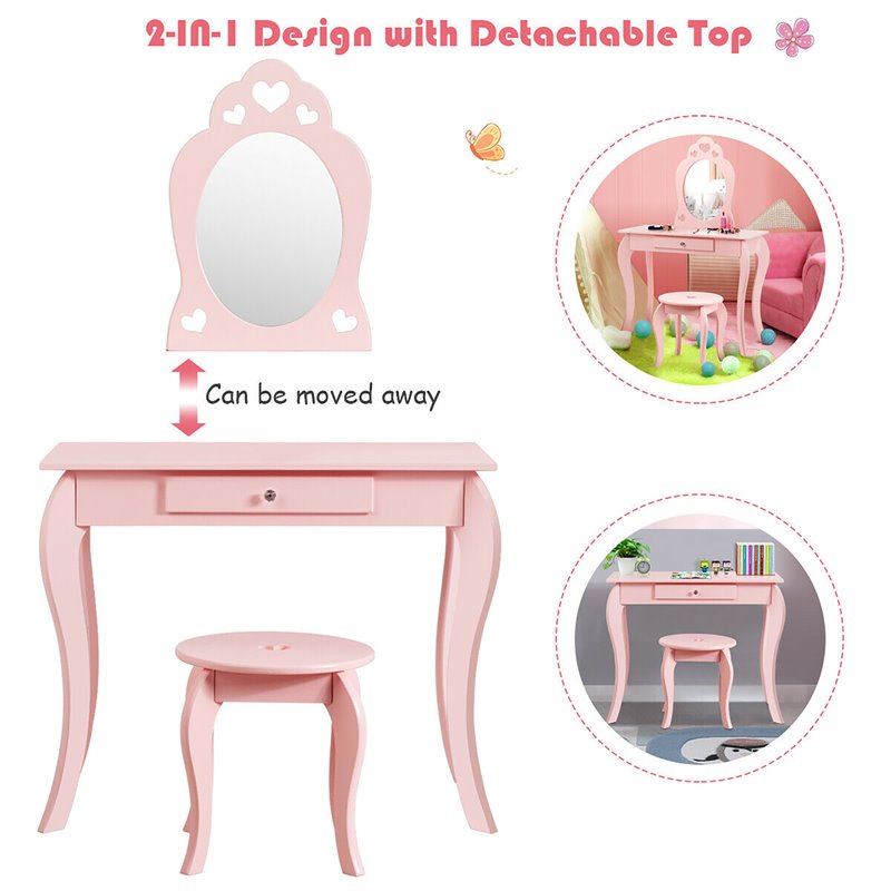 Pemberly Row MDF & Pine Wood Kids 2-in-1 Vanity Set with Mirror in Pink