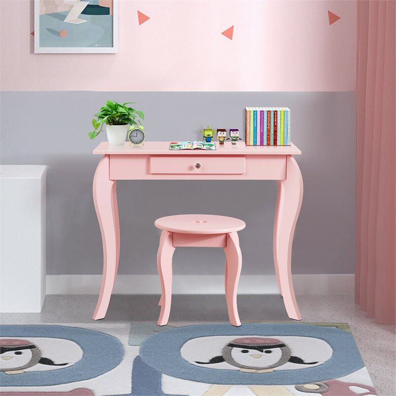 Pemberly Row MDF & Pine Wood Kids 2-in-1 Vanity Set with Mirror in Pink
