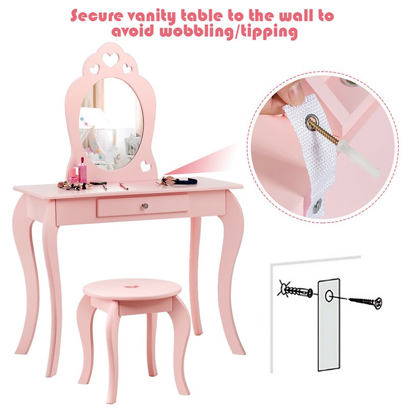 Pemberly Row MDF & Pine Wood Kids 2-in-1 Vanity Set with Mirror in Pink