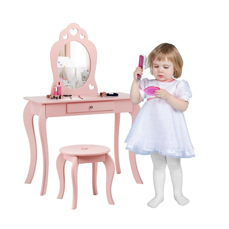 Pemberly Row MDF & Pine Wood Kids 2-in-1 Vanity Set with Mirror in Pink