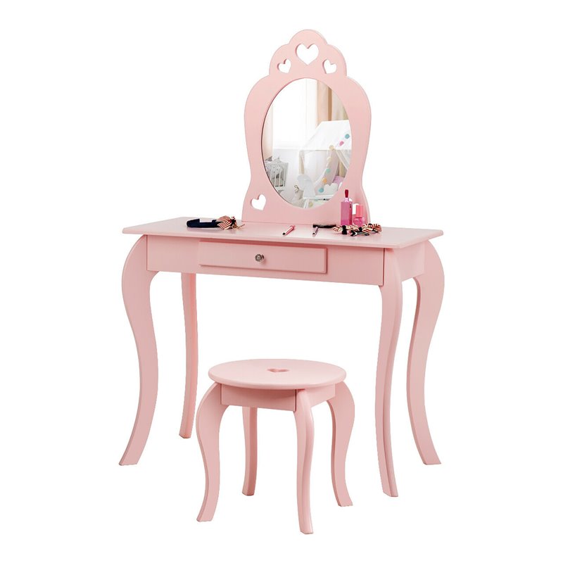 Pemberly Row MDF & Pine Wood Kids 2-in-1 Vanity Set with Mirror in Pink