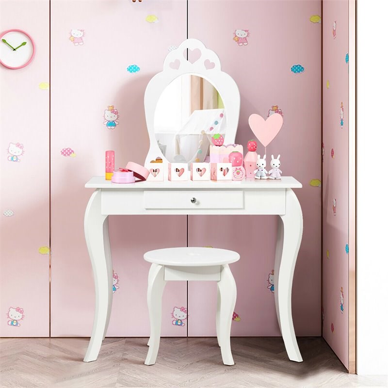 Pemberly Row MDF & Pine Wood Kids 2-in-1 Vanity Set with Mirror in White