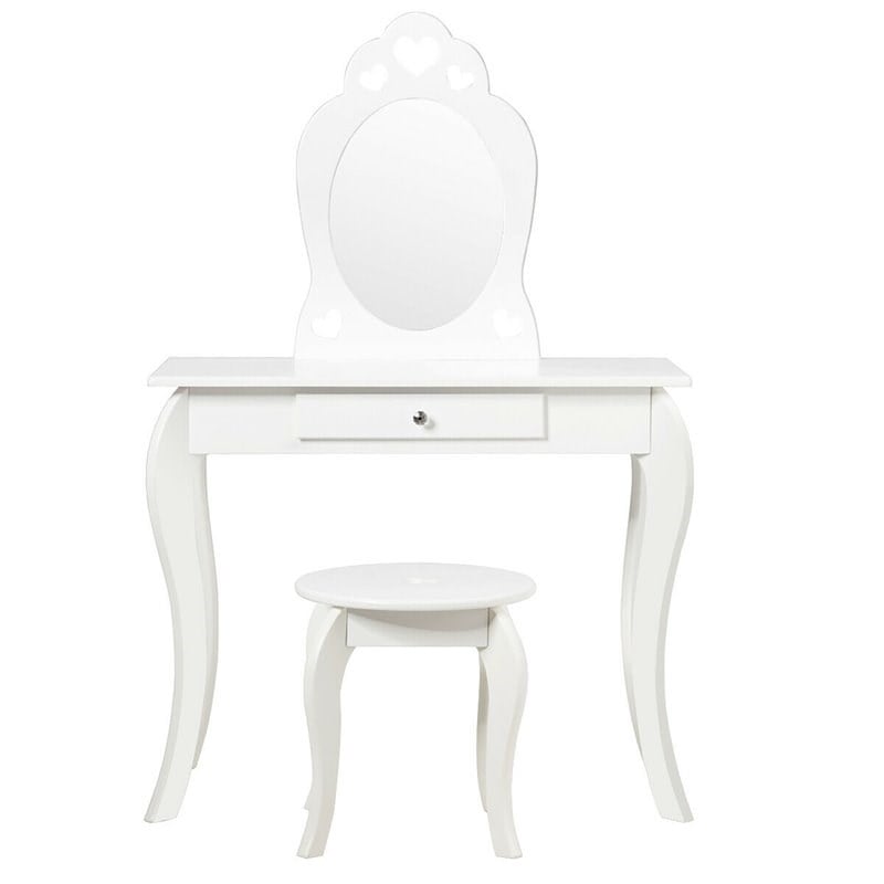 Pemberly Row MDF & Pine Wood Kids 2-in-1 Vanity Set with Mirror in White