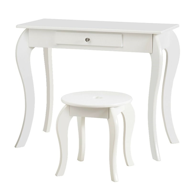 Pemberly Row MDF & Pine Wood Kids 2-in-1 Vanity Set with Mirror in White