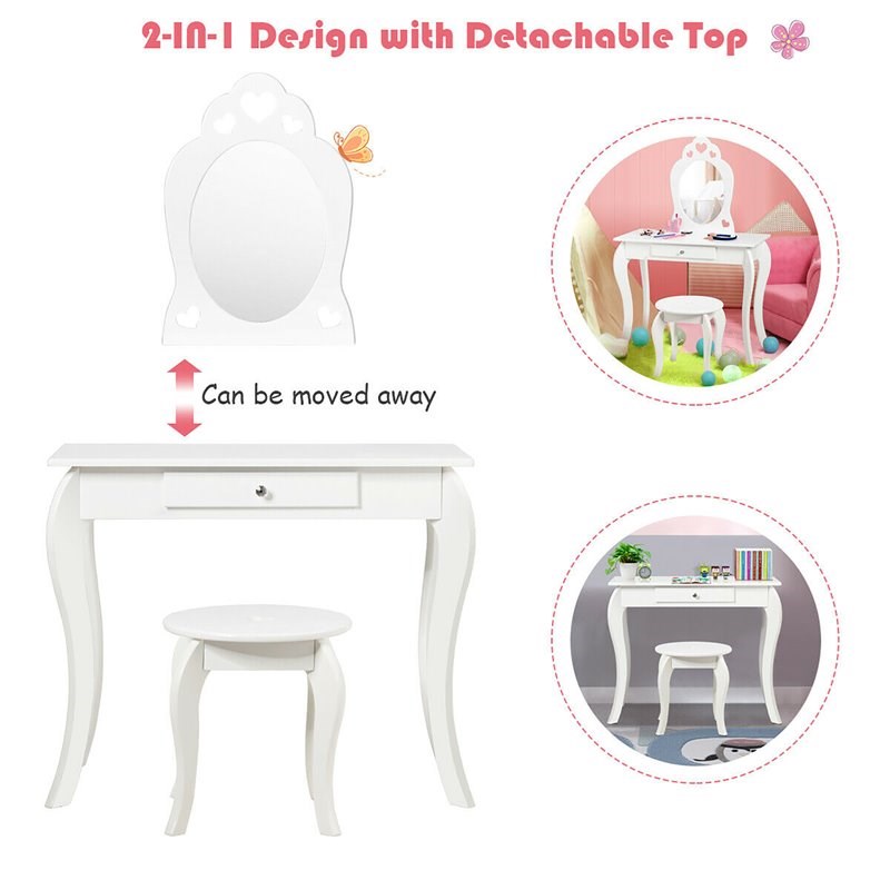 Pemberly Row MDF & Pine Wood Kids 2-in-1 Vanity Set with Mirror in White