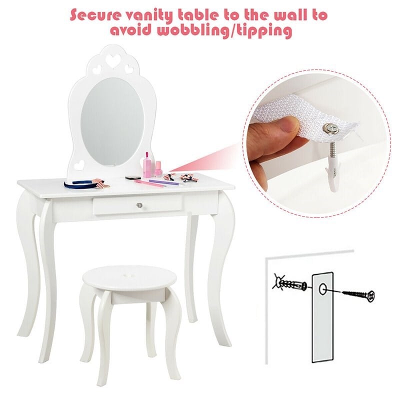 Pemberly Row MDF & Pine Wood Kids 2-in-1 Vanity Set with Mirror in White