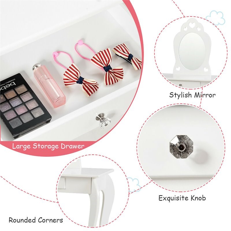 Pemberly Row MDF & Pine Wood Kids 2-in-1 Vanity Set with Mirror in White