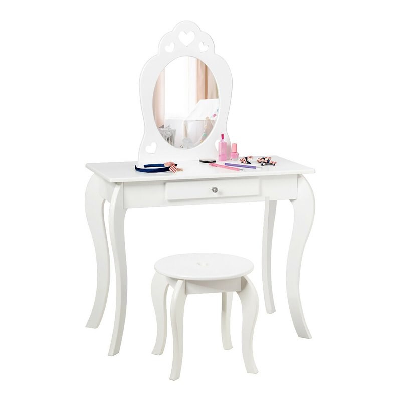 Pemberly Row MDF & Pine Wood Kids 2-in-1 Vanity Set with Mirror in White