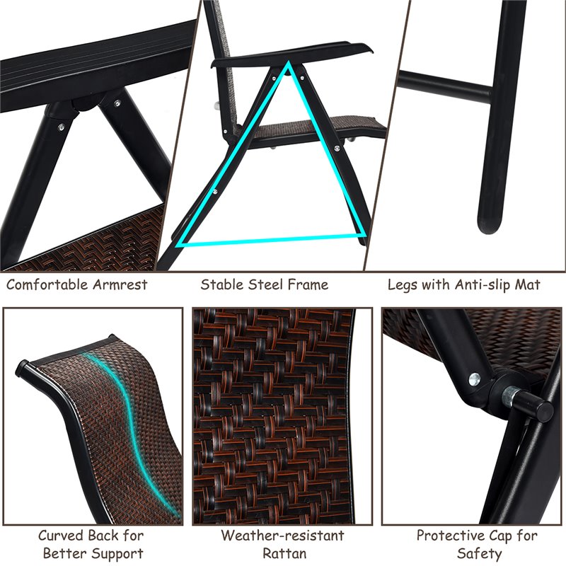 Pemberly Row Steel and Rattan Patio Folding Chair with Armrest in Brown