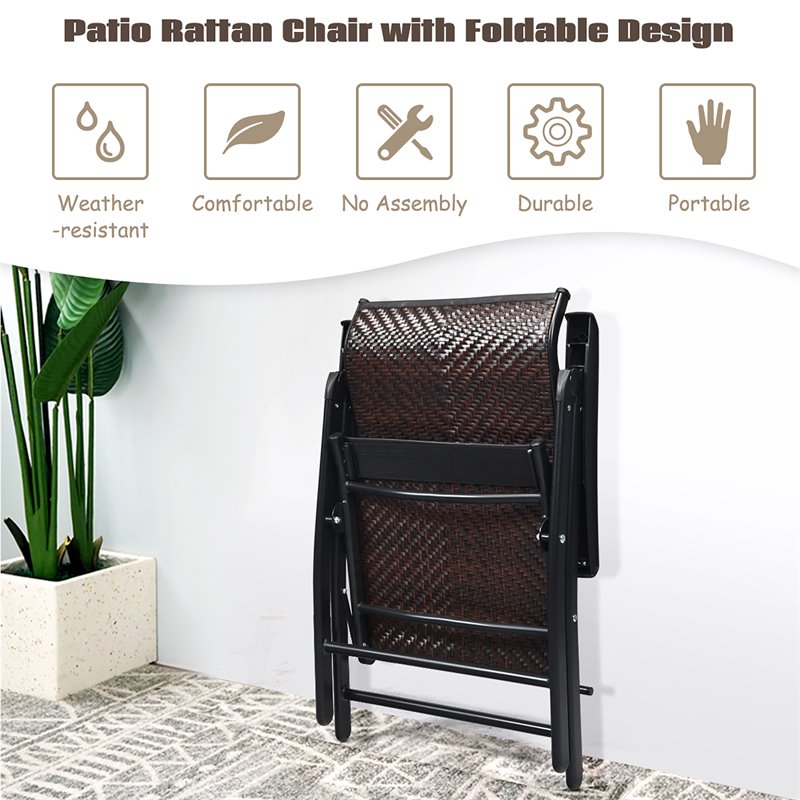 Pemberly Row Steel and Rattan Patio Folding Chair with Armrest in Brown