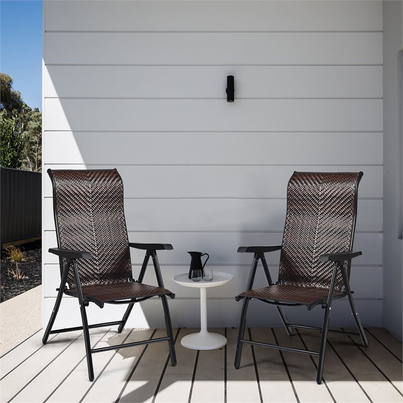 Pemberly Row Steel and Rattan Patio Folding Chair with Armrest in Brown