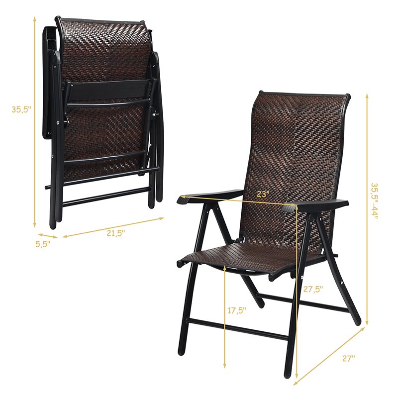 Pemberly Row Steel and Rattan Patio Folding Chair with Armrest in Brown