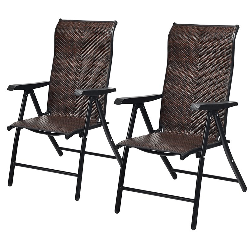 Pemberly Row Steel & Rattan Patio Folding Chairs w/ Armrest in Brown (Set of 2)