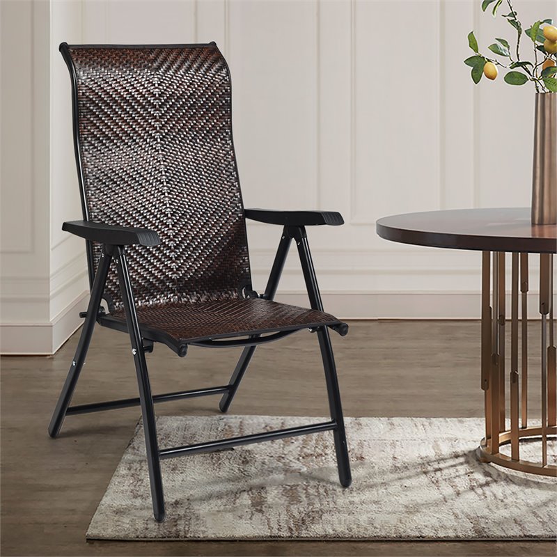 Pemberly Row Steel & Rattan Patio Folding Chairs w/ Armrest in Brown (Set of 2)