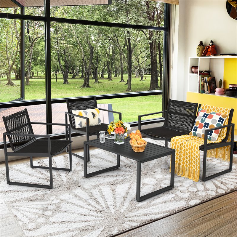 Pemberly Row 4-piece Patio Furniture Conversation Set for Garden Deck in Black