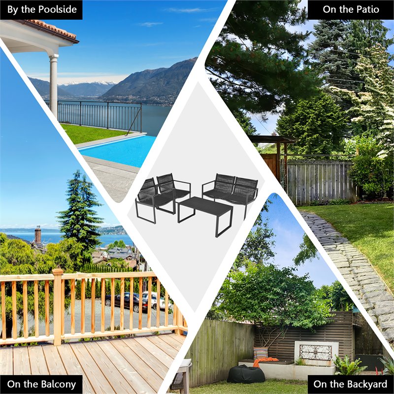 Pemberly Row 4-piece Patio Furniture Conversation Set for Garden Deck in Black