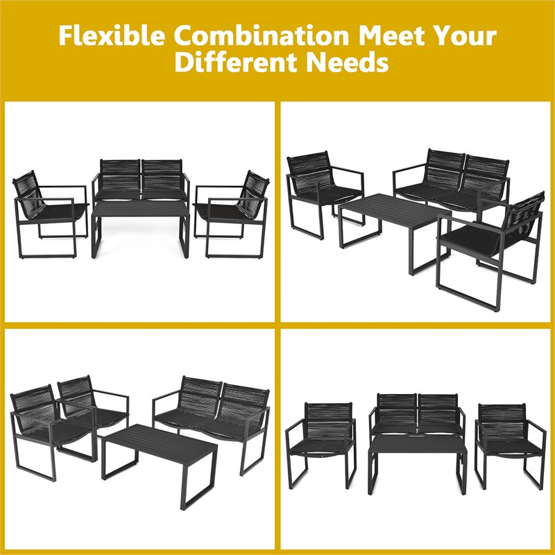 Pemberly Row 4-piece Patio Furniture Conversation Set for Garden Deck in Black