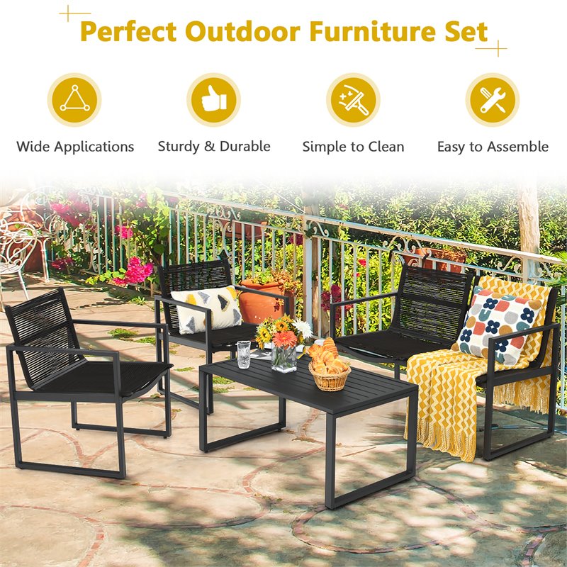 Pemberly Row 4-piece Patio Furniture Conversation Set for Garden Deck in Black