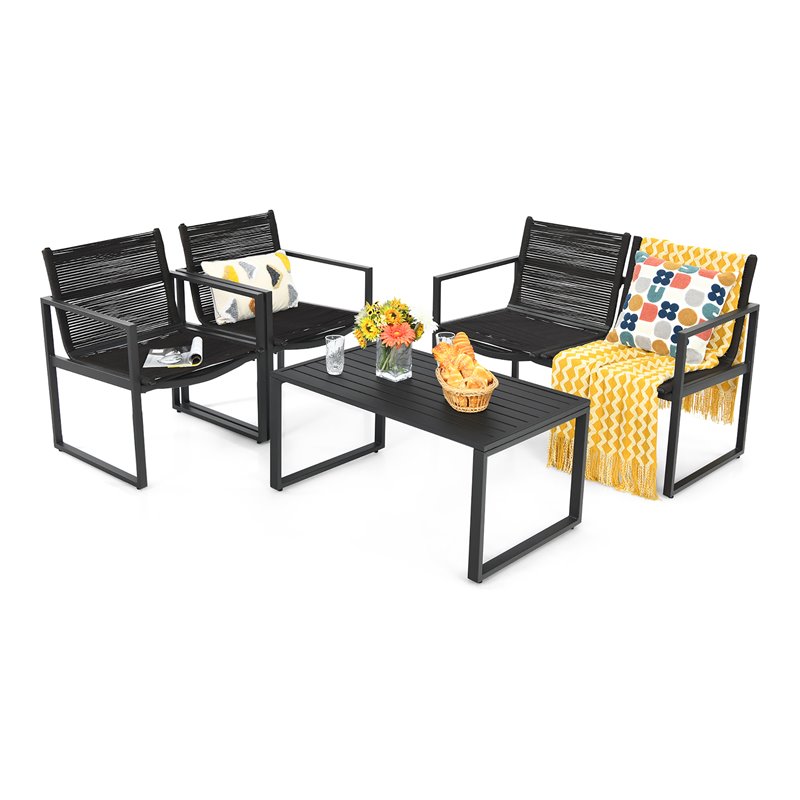 Pemberly Row 4-piece Patio Furniture Conversation Set for Garden Deck in Black