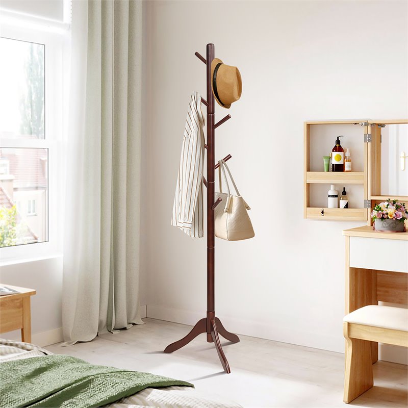 Pemberly Row Rubber Wood Adjustable Height Coat Rack with 8 Hooks in Brown