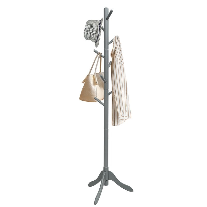 Pemberly Row Rubber Wood Adjustable Height Coat Rack with 8 Hooks in Gray