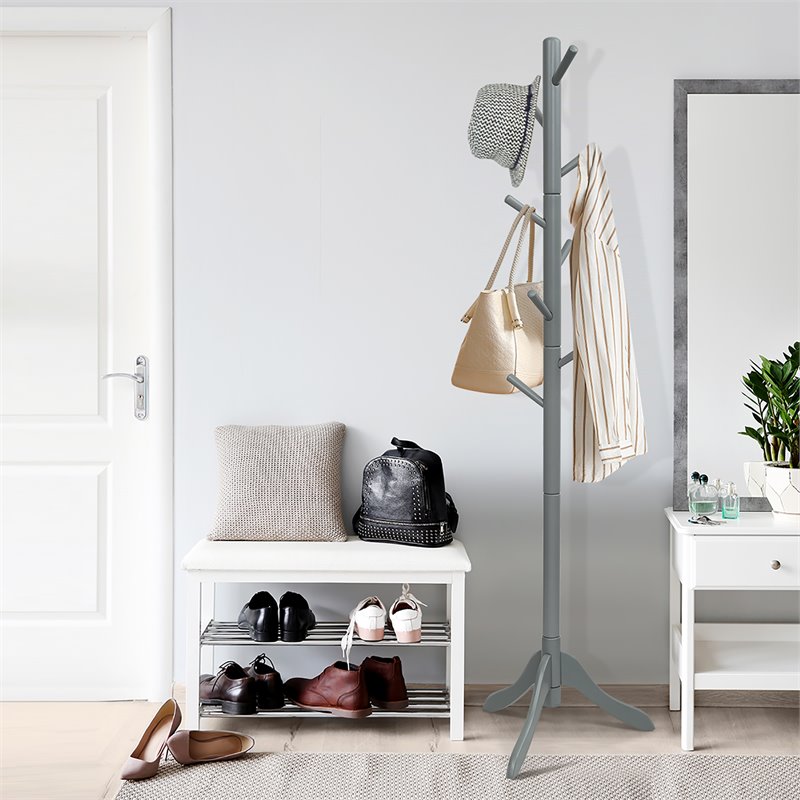 Pemberly Row Rubber Wood Adjustable Height Coat Rack with 8 Hooks in Gray