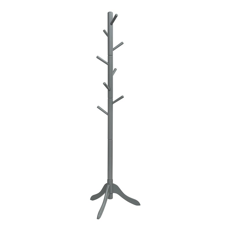 Pemberly Row Rubber Wood Adjustable Height Coat Rack with 8 Hooks in Gray