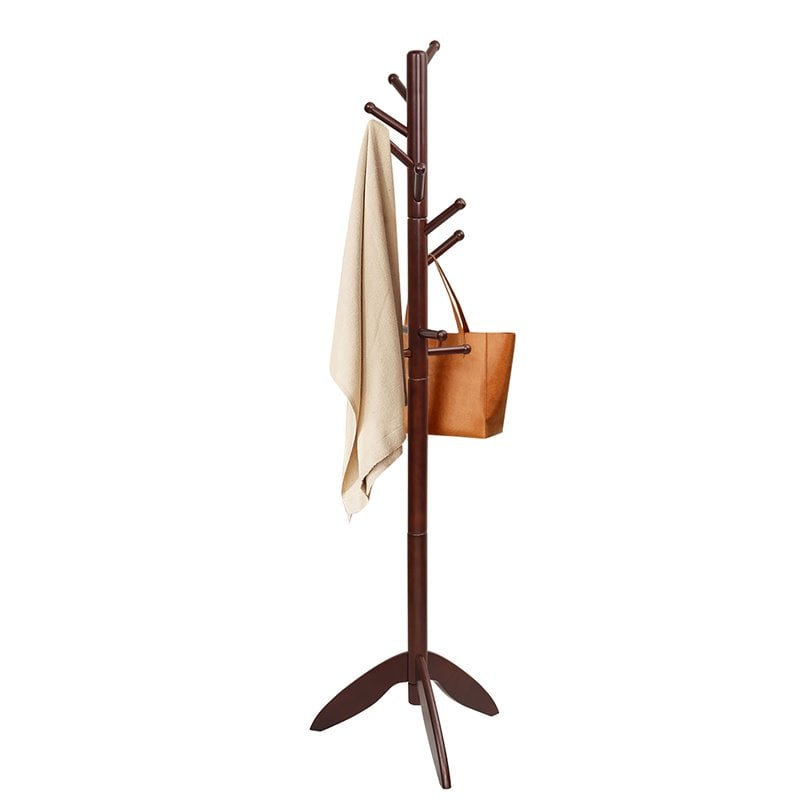Pemberly Row Rubber Wood Adjustable Height Coat Rack with 11 Hooks in Walnut